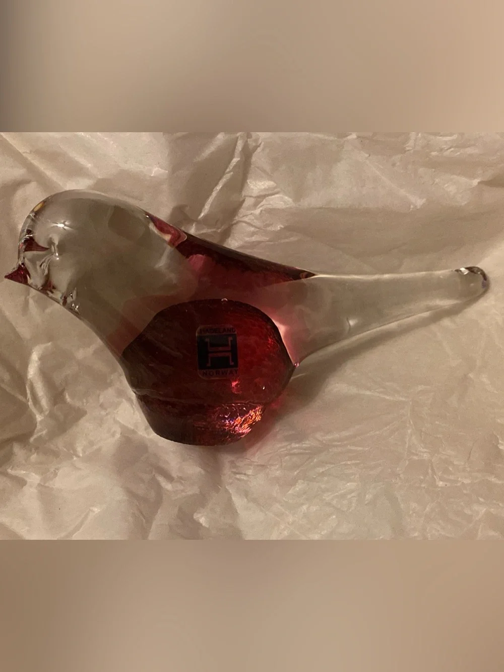 Handblown Glass Bird Paperweight with Red Accent by Edla Freij of Norway